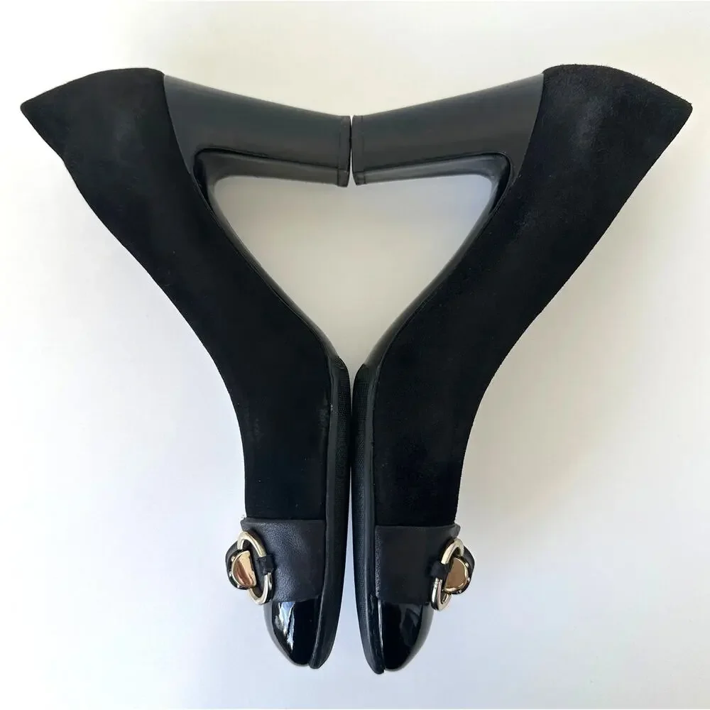 Gucci Classic Black Suede Pumps Bamboo Horsebit Cap Toe IT 39